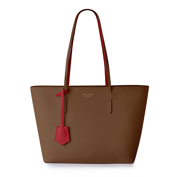 Kafka Large Tote – Lightweight, Water-Repellent Chocolate Leather Tote with Reversible Chocolate and Red Luggage Tag – Front View