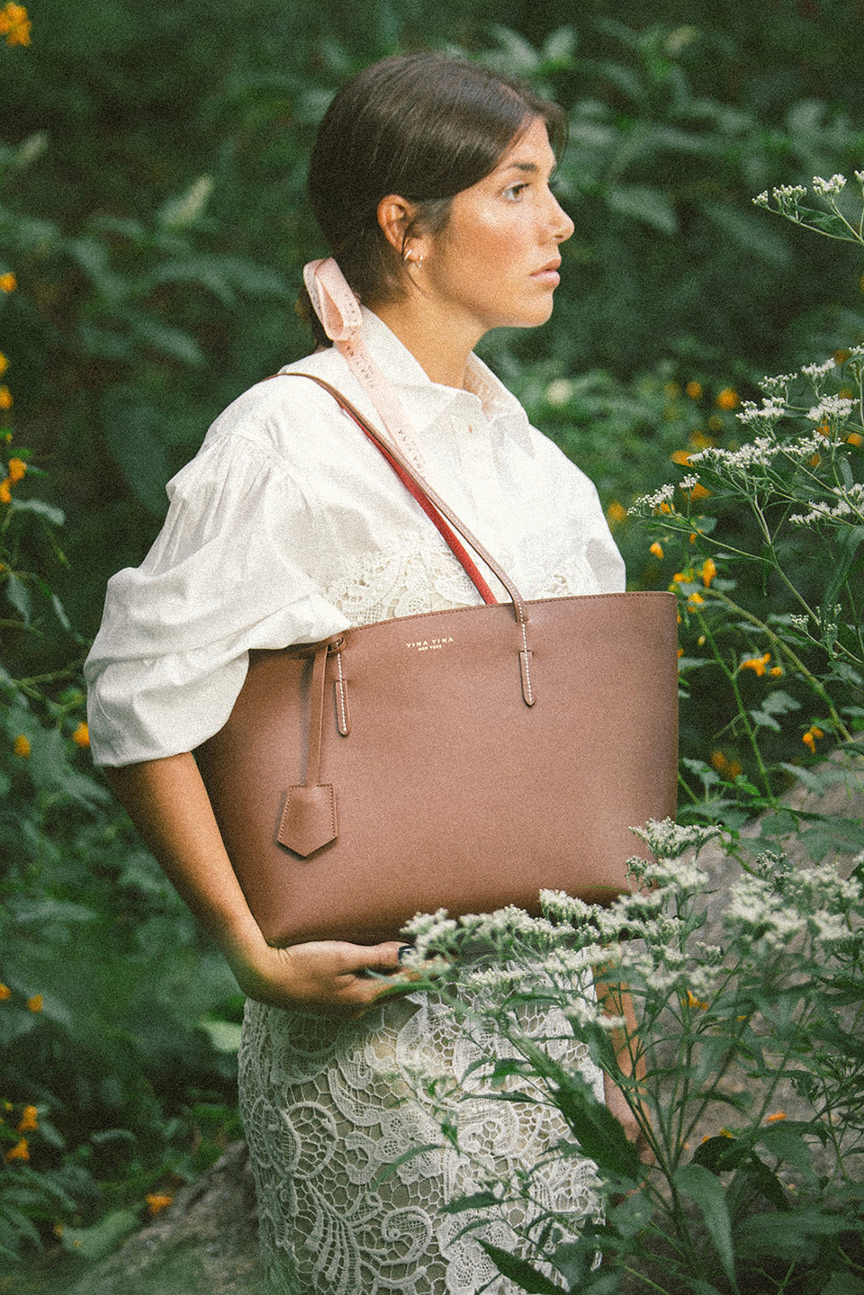 Model Wearing Kafka Large Tote – Chocolate Leather – Lightweight Everyday Tote Bag